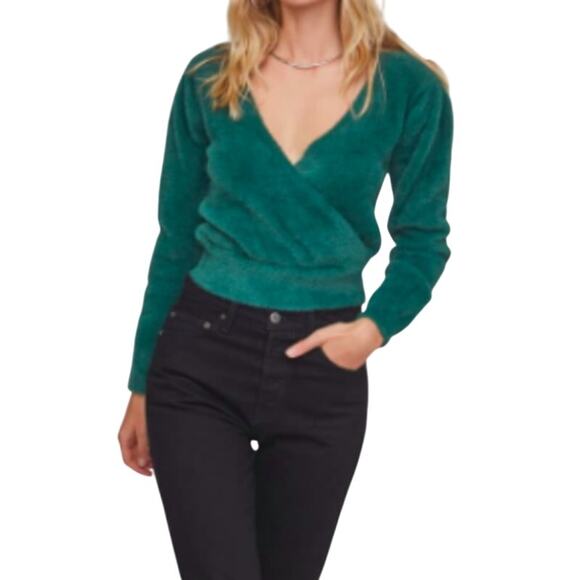 SALE ASTR The Label Fuzzy Wrap Front Pullover Sweater Green V Neckline Medium - Picture 1 of 7